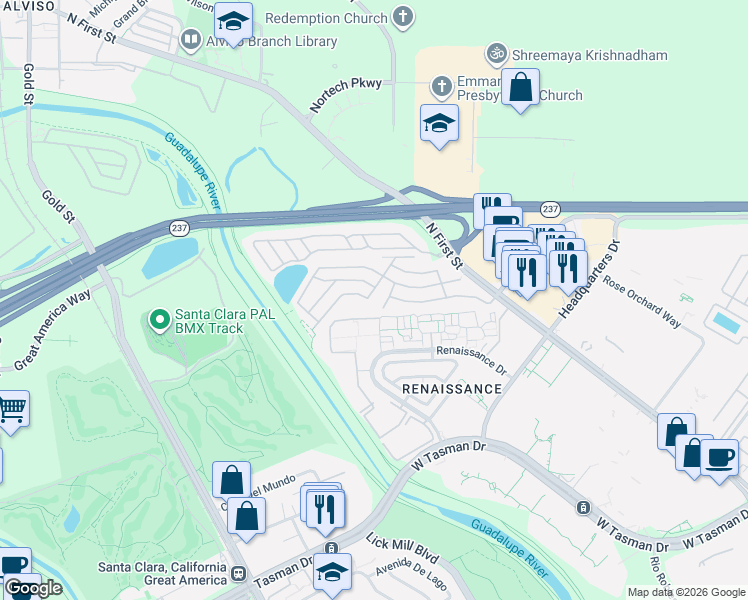 map of restaurants, bars, coffee shops, grocery stores, and more near 4319 Renaissance Drive in San Jose