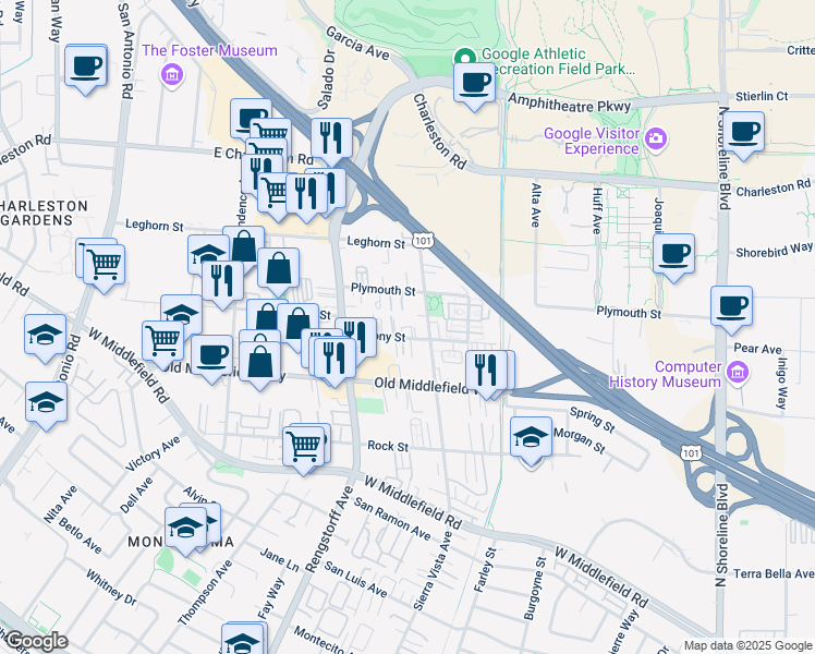 map of restaurants, bars, coffee shops, grocery stores, and more near 2000 Colony Street in Mountain View