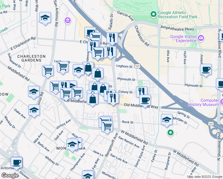 map of restaurants, bars, coffee shops, grocery stores, and more near 2132 Reinert Road in Mountain View