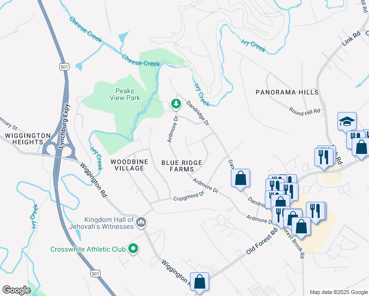 map of restaurants, bars, coffee shops, grocery stores, and more near 1109 Standish Cir in Lynchburg