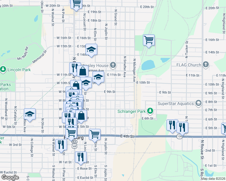 map of restaurants, bars, coffee shops, grocery stores, and more near 420 East 9th Street in Pittsburg
