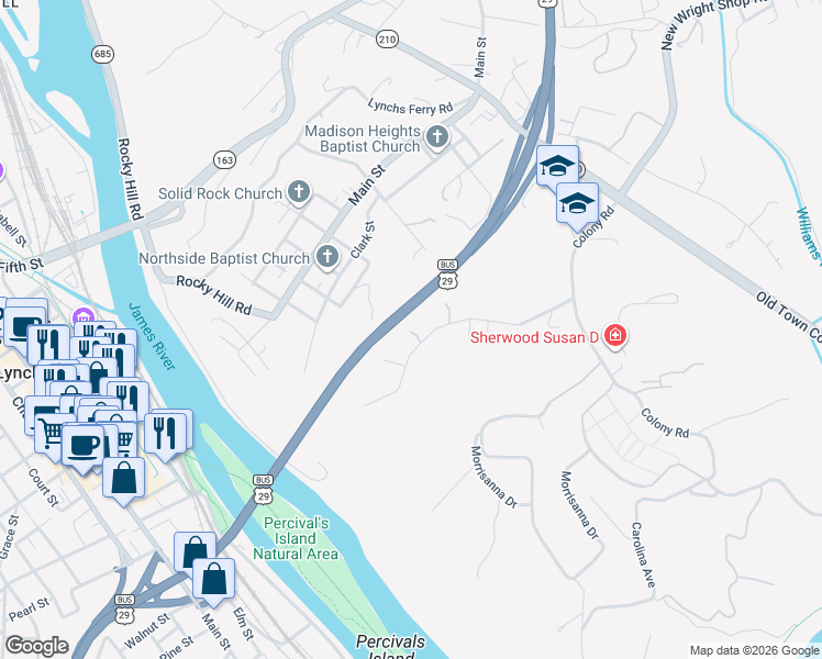 map of restaurants, bars, coffee shops, grocery stores, and more near Lynchburg Expy in Madison Heights
