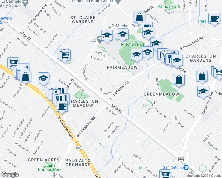 map of restaurants, bars, coffee shops, grocery stores, and more near 3785 Wright Place in Palo Alto