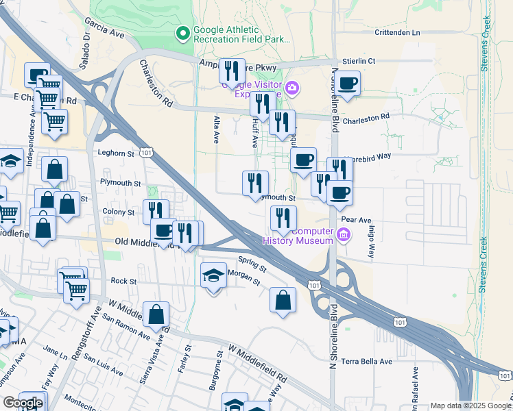 map of restaurants, bars, coffee shops, grocery stores, and more near 1625 Plymouth Street in Mountain View