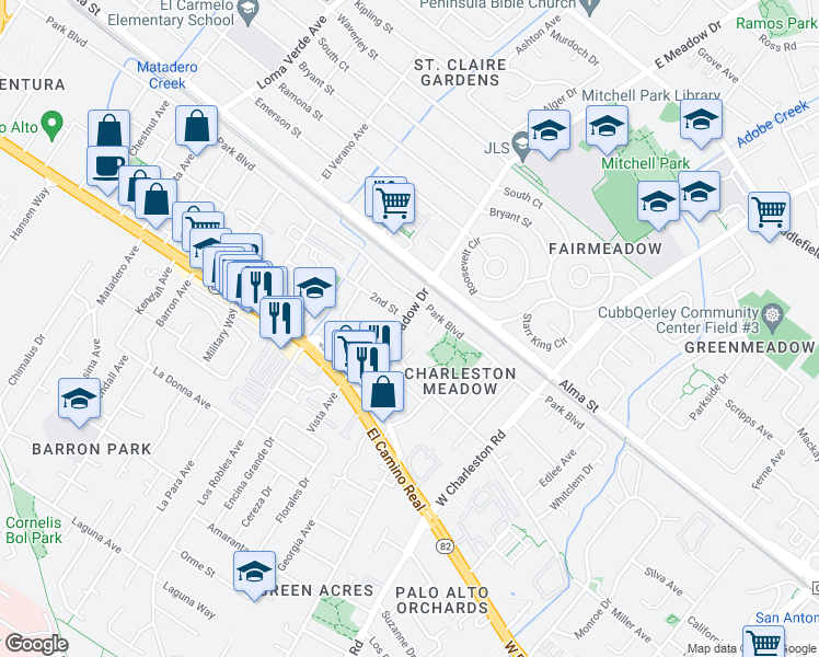 map of restaurants, bars, coffee shops, grocery stores, and more near 315 West Meadow Drive in Palo Alto