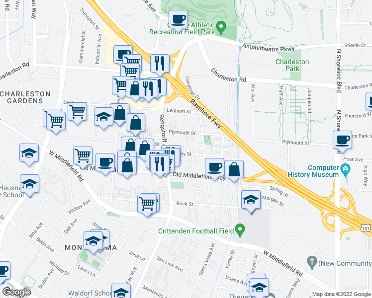 map of restaurants, bars, coffee shops, grocery stores, and more near 2000 Colony Street in Mountain View