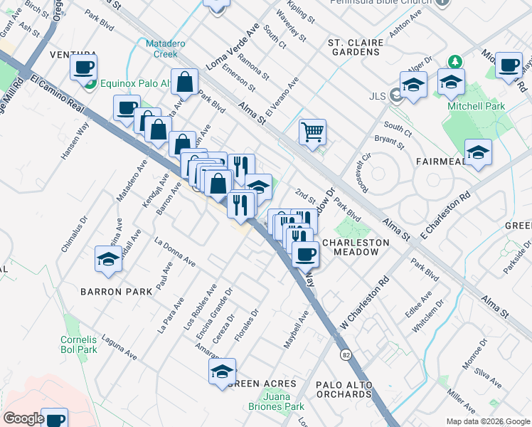 map of restaurants, bars, coffee shops, grocery stores, and more near 430 Jacobs Court in Palo Alto