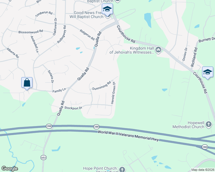 map of restaurants, bars, coffee shops, grocery stores, and more near 9519 Dunroming Road in Chesterfield