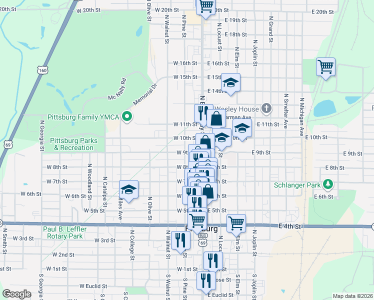 map of restaurants, bars, coffee shops, grocery stores, and more near 116 West 9th Street in Pittsburg