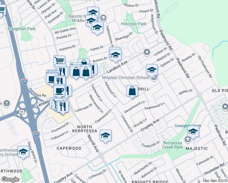 map of restaurants, bars, coffee shops, grocery stores, and more near 2152 Ashwood Lane in San Jose