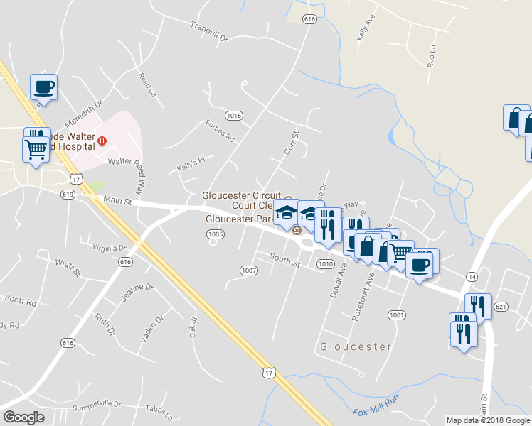 map of restaurants, bars, coffee shops, grocery stores, and more near 6429 Main Street in Gloucester Courthouse