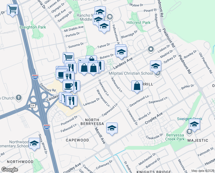 map of restaurants, bars, coffee shops, grocery stores, and more near 2125 Limewood Drive in San Jose