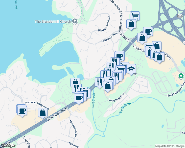 map of restaurants, bars, coffee shops, grocery stores, and more near 13332 Thornridge Lane in Midlothian