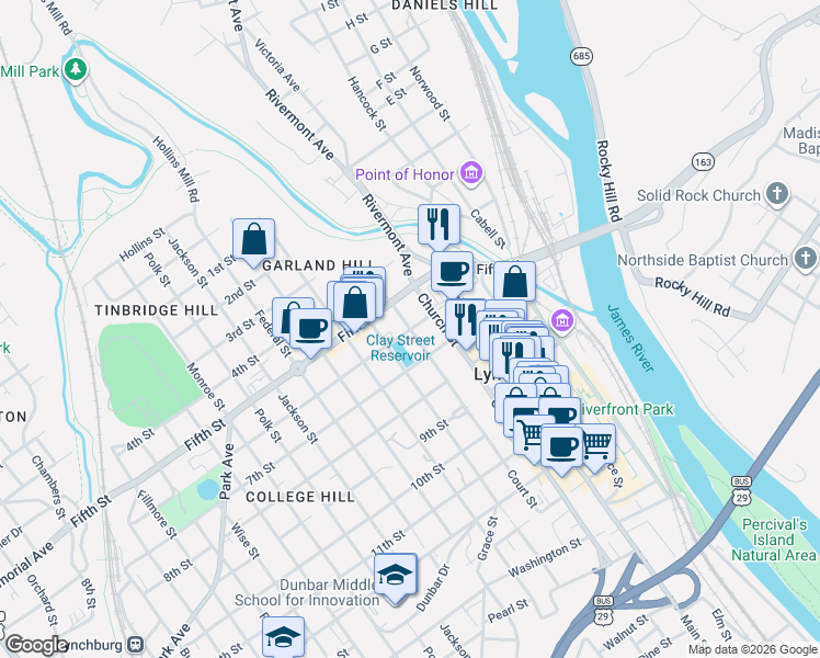 map of restaurants, bars, coffee shops, grocery stores, and more near 6th Street & Court Street in Lynchburg