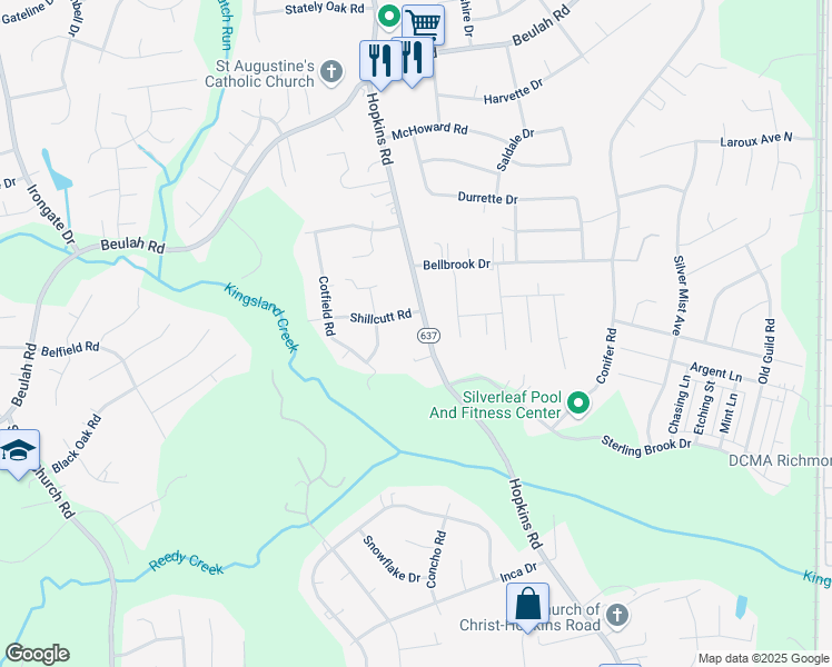 map of restaurants, bars, coffee shops, grocery stores, and more near 7600 Hopkins Road in Richmond