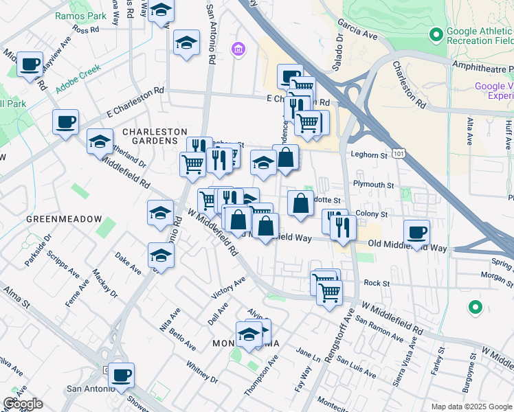 map of restaurants, bars, coffee shops, grocery stores, and more near 2464 West Middlefield Road in Mountain View