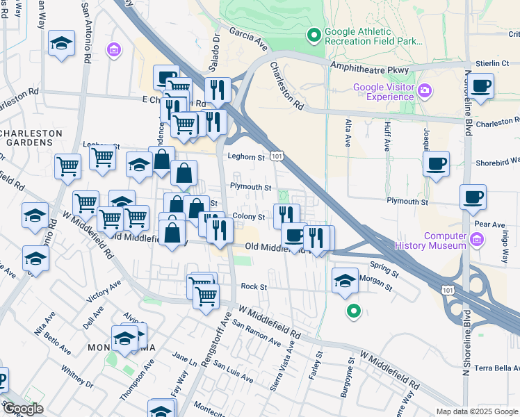 map of restaurants, bars, coffee shops, grocery stores, and more near 2000 Colony Street in Mountain View