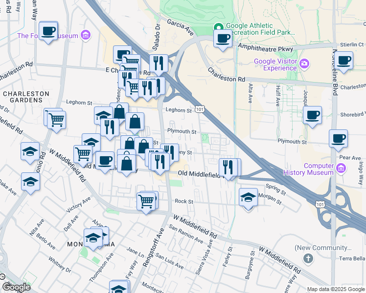 map of restaurants, bars, coffee shops, grocery stores, and more near 2000 Colony Street in Mountain View