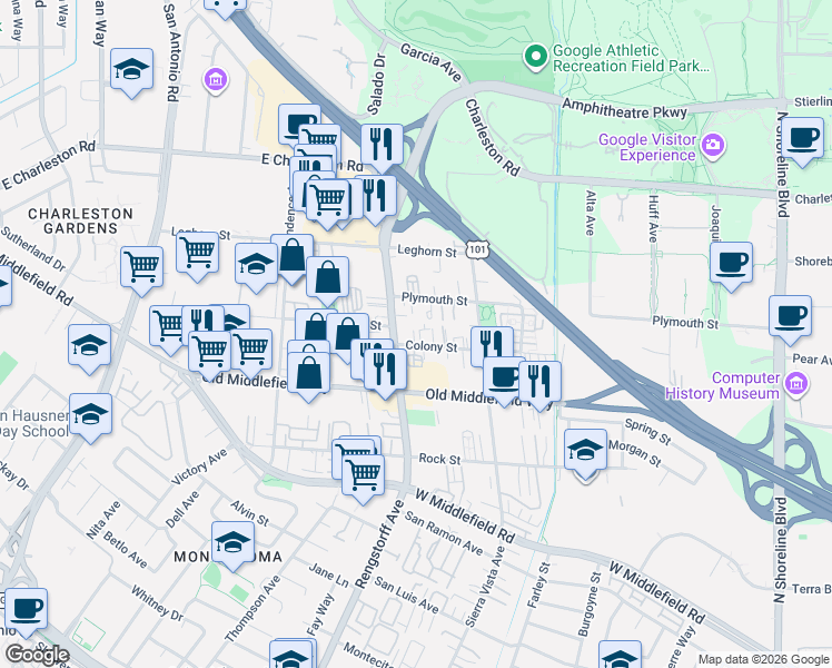 map of restaurants, bars, coffee shops, grocery stores, and more near in Mountain View
