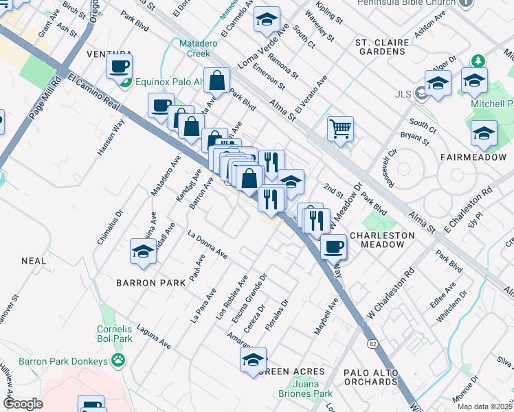 map of restaurants, bars, coffee shops, grocery stores, and more near 3898 Magnolia Drive in Palo Alto