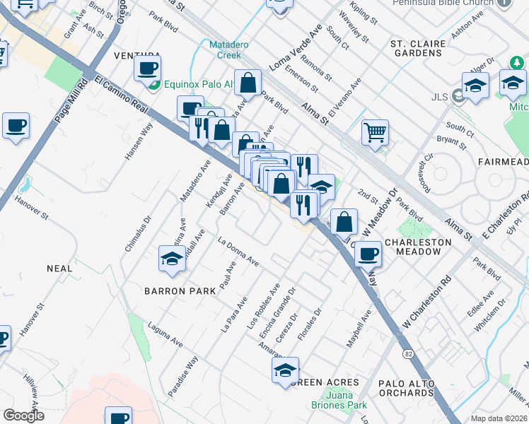 map of restaurants, bars, coffee shops, grocery stores, and more near 542 Military Way in Palo Alto