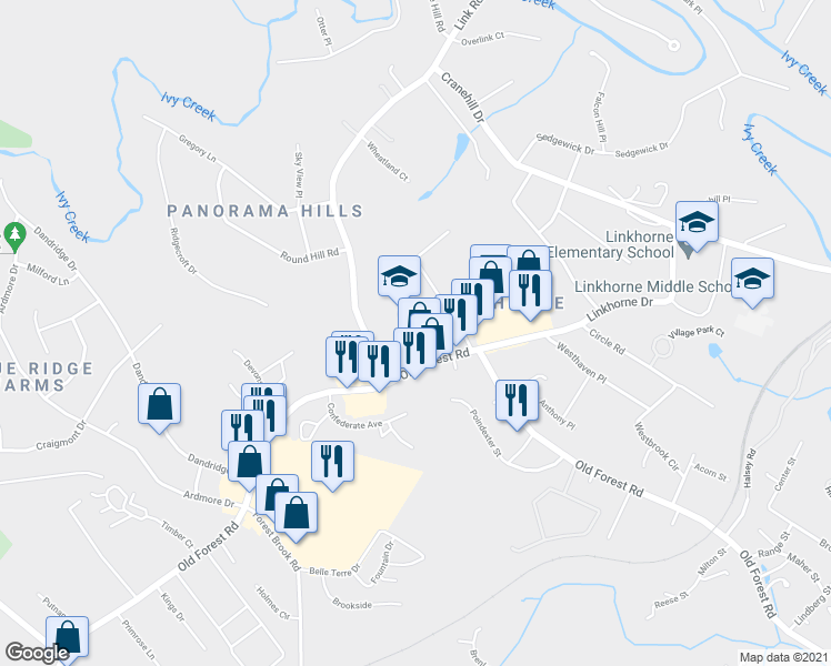map of restaurants, bars, coffee shops, grocery stores, and more near 3069 Forest Hills Circle in Lynchburg