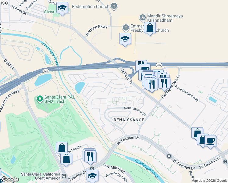 map of restaurants, bars, coffee shops, grocery stores, and more near 543 Southbay Drive in San Jose