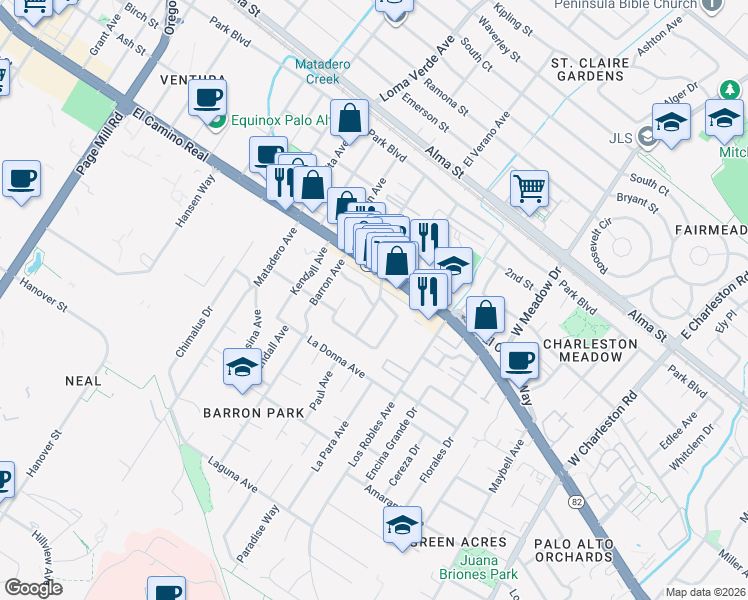 map of restaurants, bars, coffee shops, grocery stores, and more near 542 Military Way in Palo Alto