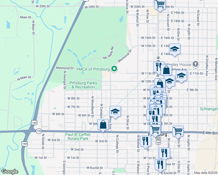 map of restaurants, bars, coffee shops, grocery stores, and more near 425 West 9th Street in Pittsburg
