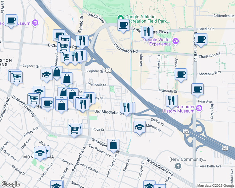 map of restaurants, bars, coffee shops, grocery stores, and more near 1929 Aberdeen Lane in Mountain View