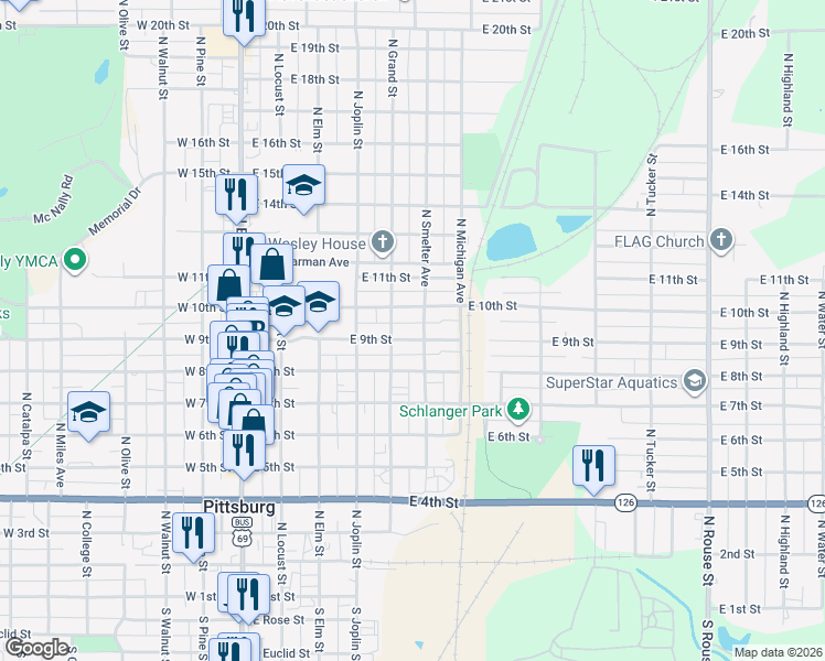 map of restaurants, bars, coffee shops, grocery stores, and more near 520 East 9th Street in Pittsburg