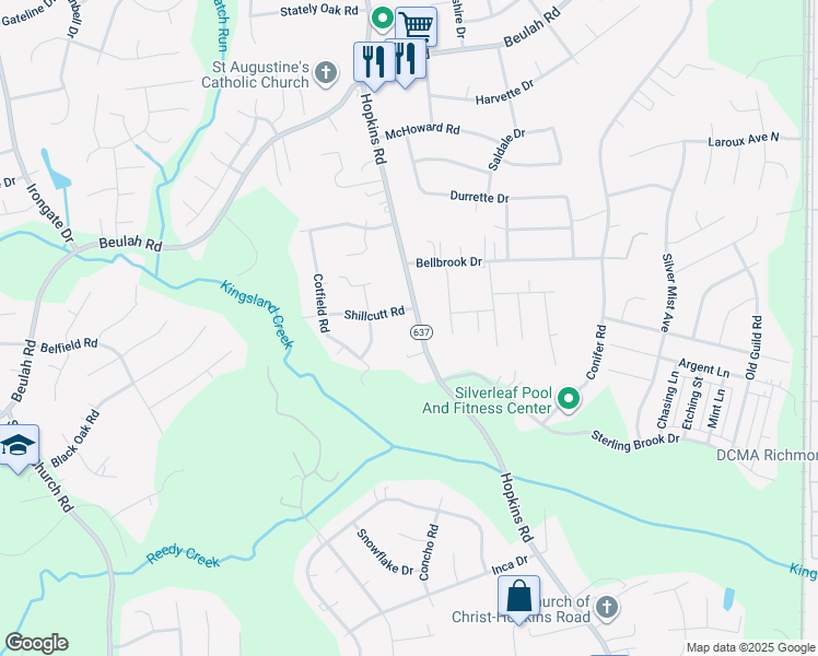 map of restaurants, bars, coffee shops, grocery stores, and more near 7600 Hopkins Road in Richmond