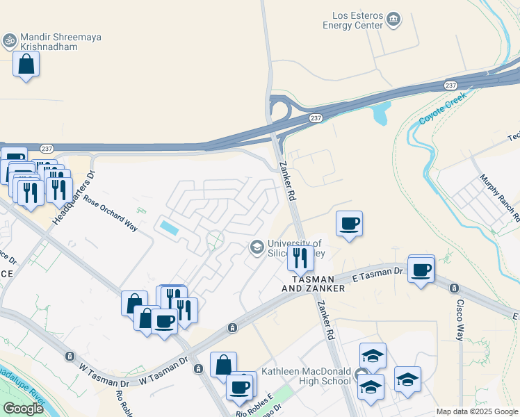 map of restaurants, bars, coffee shops, grocery stores, and more near 766 Spindrift Street in San Jose