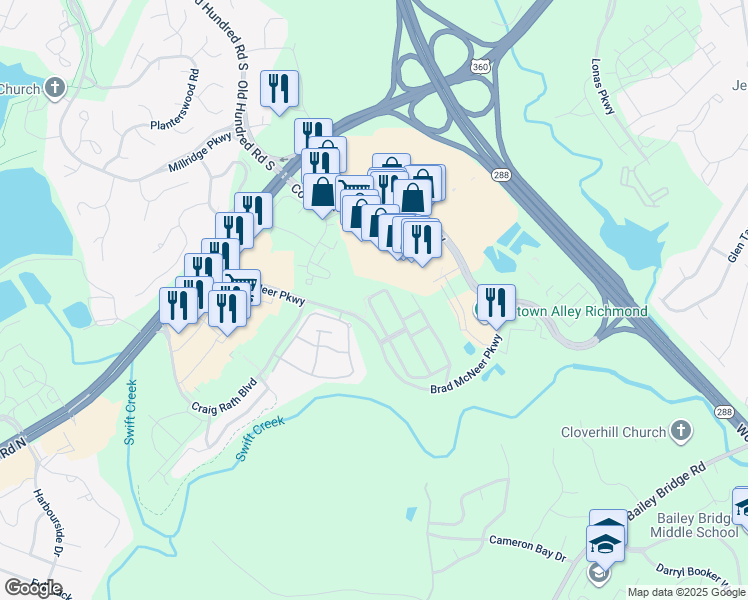 map of restaurants, bars, coffee shops, grocery stores, and more near 5200 Terrace Arbor Circle in Midlothian