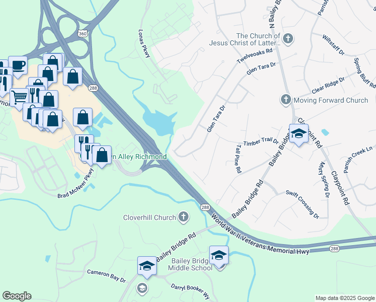 map of restaurants, bars, coffee shops, grocery stores, and more near 5054 Glen Tara Drive in Midlothian