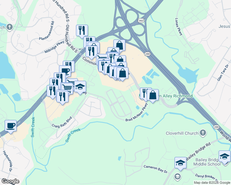 map of restaurants, bars, coffee shops, grocery stores, and more near 5119 Terrace Arbor Circle in Midlothian