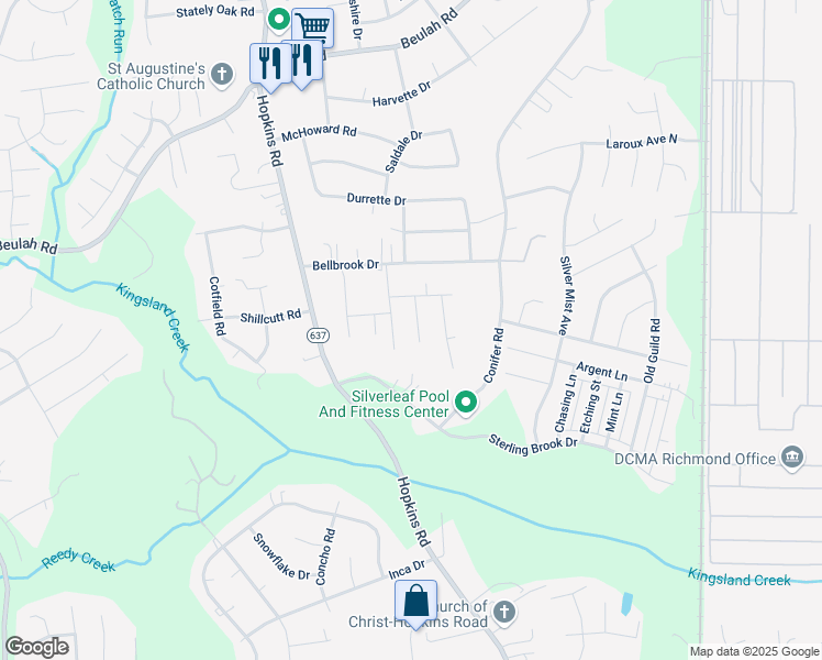 map of restaurants, bars, coffee shops, grocery stores, and more near 7624 Port Leon Road in Richmond
