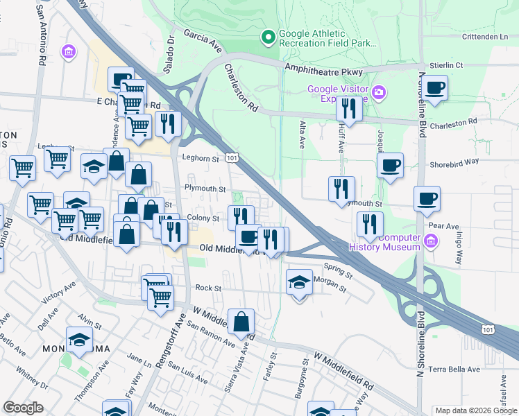 map of restaurants, bars, coffee shops, grocery stores, and more near Amherst Way & Aberdeen Ln in Mountain View