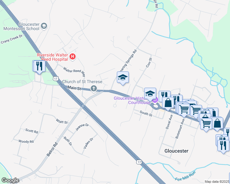 map of restaurants, bars, coffee shops, grocery stores, and more near 6361 Main Street in Gloucester