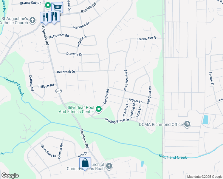 map of restaurants, bars, coffee shops, grocery stores, and more near 3801 Cannington Drive in Richmond