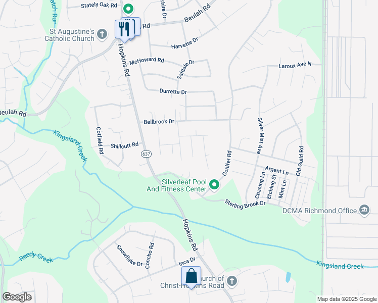 map of restaurants, bars, coffee shops, grocery stores, and more near 7624 Port Leon Road in Richmond