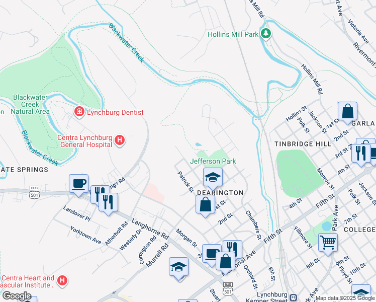 map of restaurants, bars, coffee shops, grocery stores, and more near 1805 Lovell Street in Lynchburg