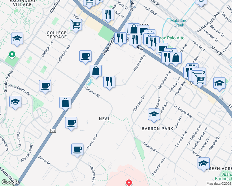 map of restaurants, bars, coffee shops, grocery stores, and more near 3120 Hansen Way in Palo Alto