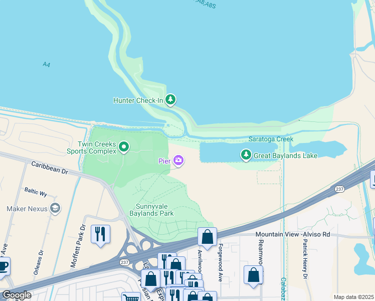 map of restaurants, bars, coffee shops, grocery stores, and more near Jogging Trail in Sunnyvale