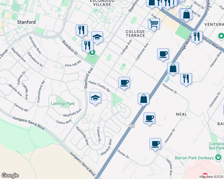 map of restaurants, bars, coffee shops, grocery stores, and more near 935 Mears Court in Stanford