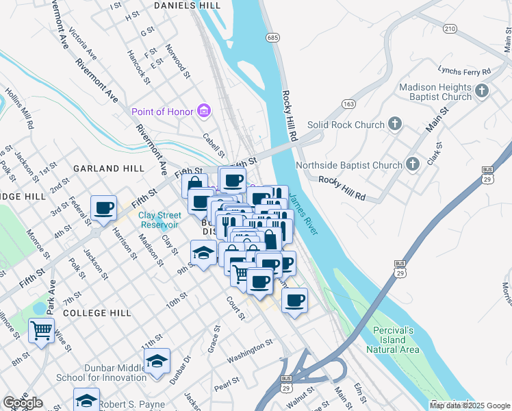 map of restaurants, bars, coffee shops, grocery stores, and more near 27 9th Street in Lynchburg