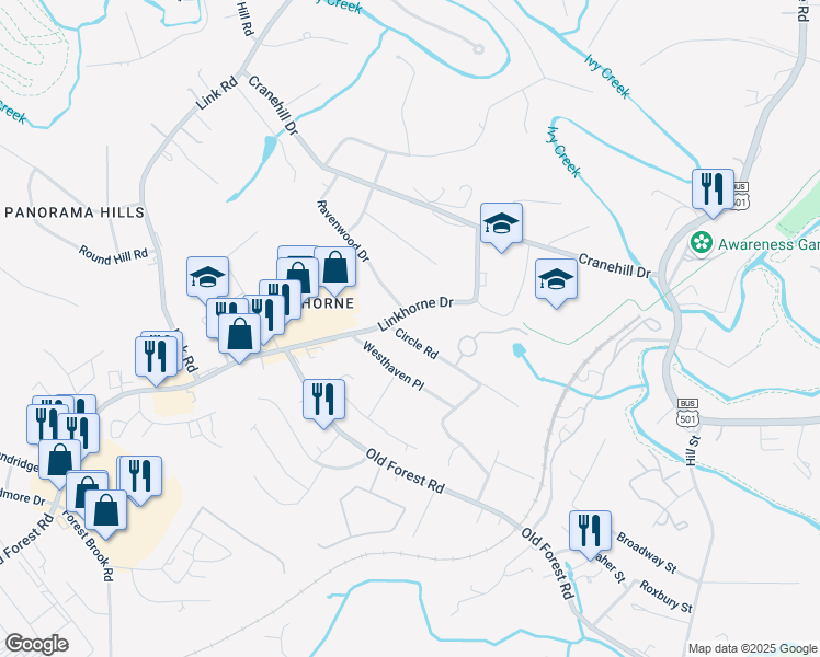 map of restaurants, bars, coffee shops, grocery stores, and more near 2640 Circle Road in Lynchburg