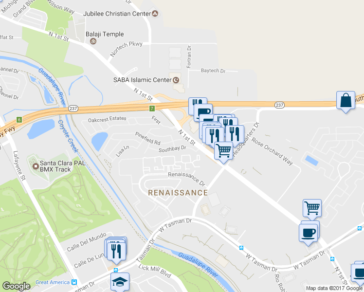 map of restaurants, bars, coffee shops, grocery stores, and more near 307 Southbay Drive in San Jose