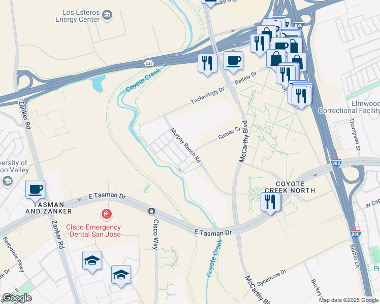 map of restaurants, bars, coffee shops, grocery stores, and more near 601 Murphy Ranch Road in Milpitas