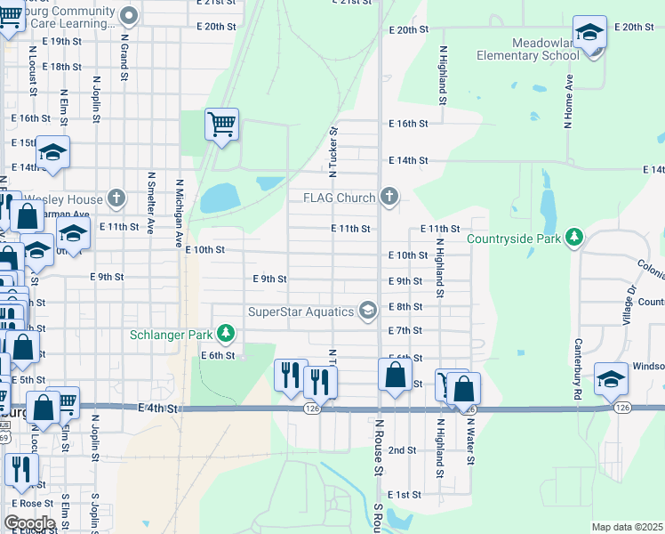 map of restaurants, bars, coffee shops, grocery stores, and more near 951 North Tucker Street in Pittsburg